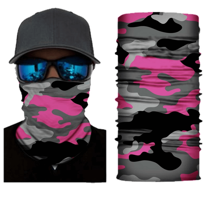 Unisex camouflage cycling face mask and neck gaiter, pink and black design, ideal for outdoor activities, SF1389.
