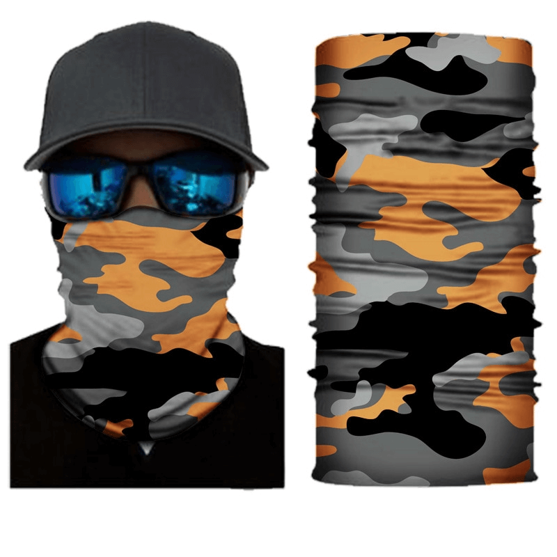 Camouflage Cycling Face Mask SF1389 shown on mannequin, showcasing elastic seamless gaiter ideal for outdoor sports like cycling and running.