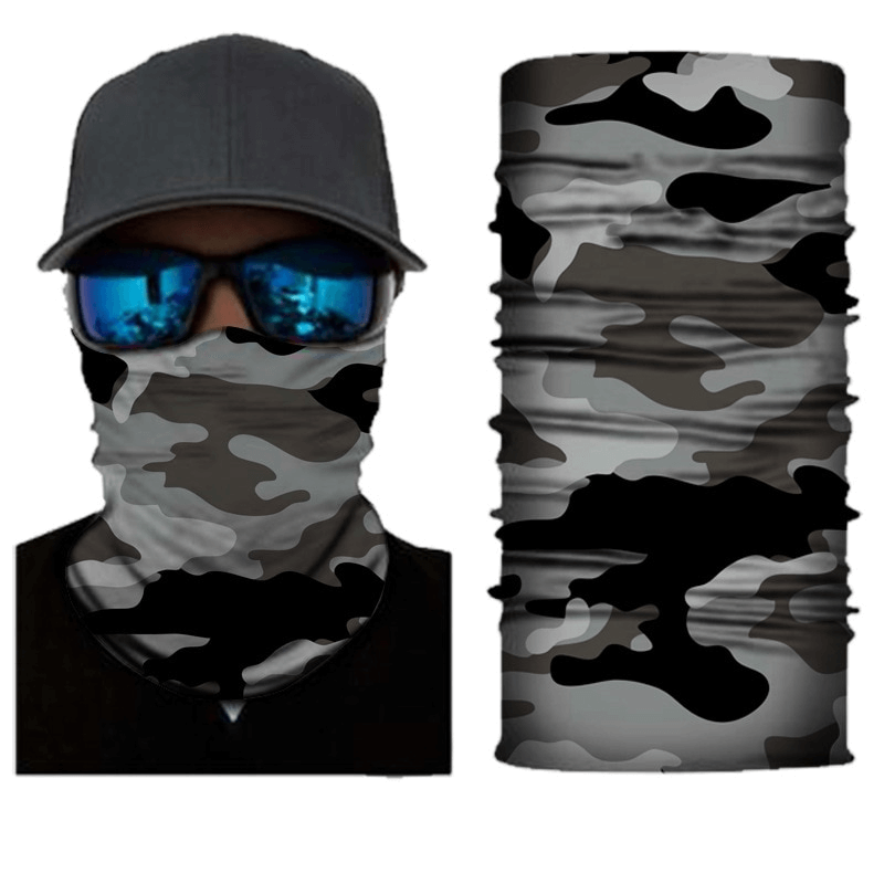 Unisex camouflage cycling face mask and seamless neck gaiter, quick-drying and stretchy for outdoor activities like cycling and running.