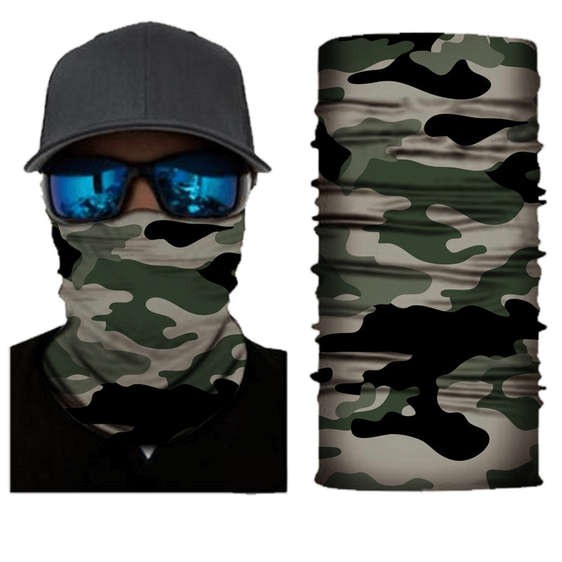Camouflage cycling face mask and neck gaiter SF1389 shown on model, perfect for outdoor sports with breathable, seamless design.