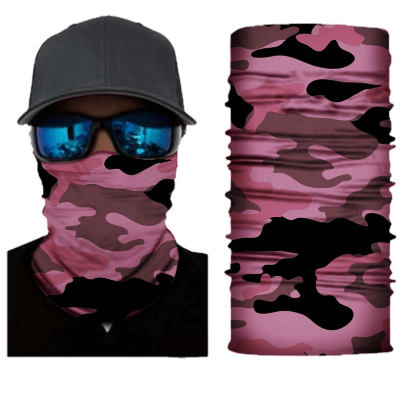 Stylish camouflage cycling face mask and neck gaiter in pink, perfect for outdoor activities like cycling, running, or hiking.
