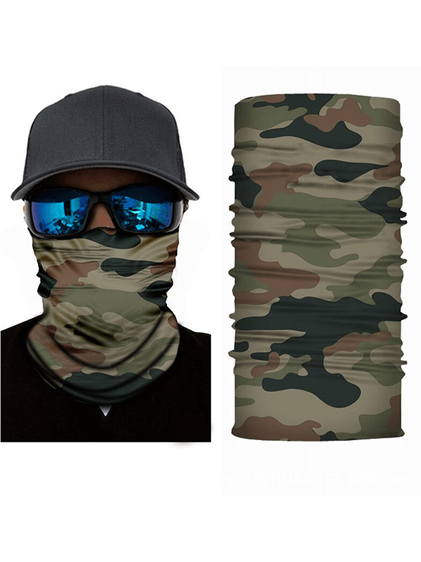 Camouflage cycling face mask and neck gaiter set for outdoor sports, featuring seamless design and quick-drying material.