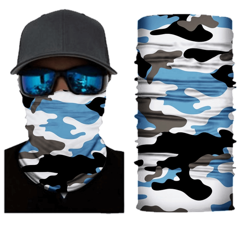 Camouflage cycling face mask and neck gaiter SF1389 designed for breathability, featuring blue and black camo pattern, ideal for outdoor sports.