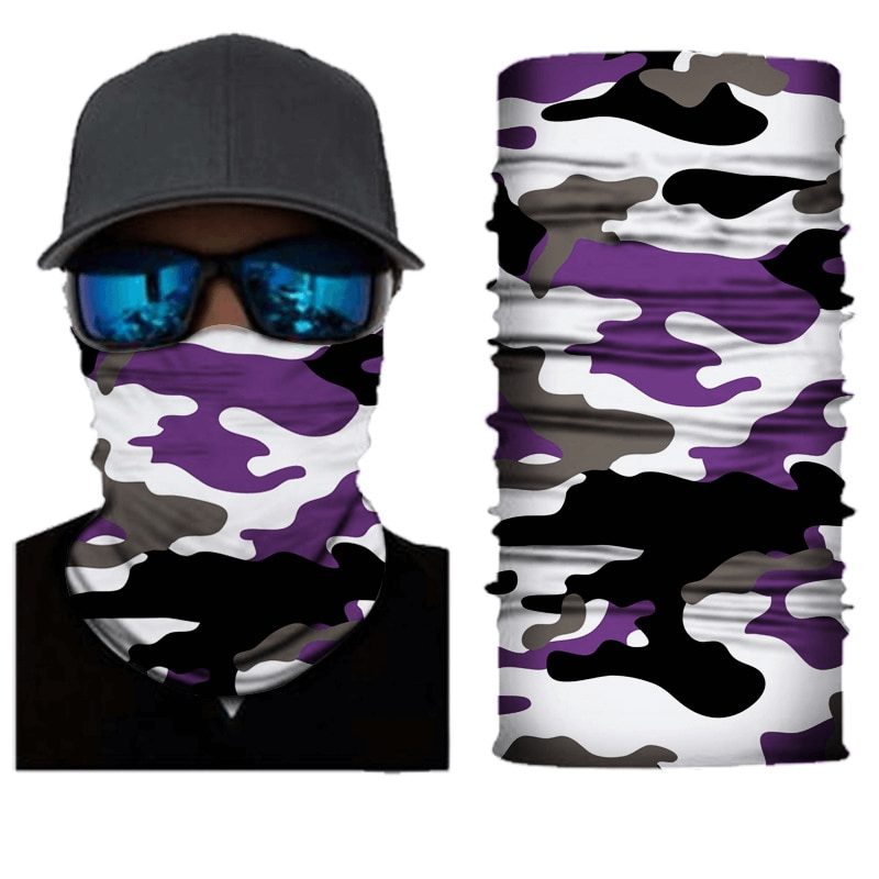 Camouflage cycling face mask and seamless neck gaiter, purple and black pattern, ideal for outdoor sports and activities.