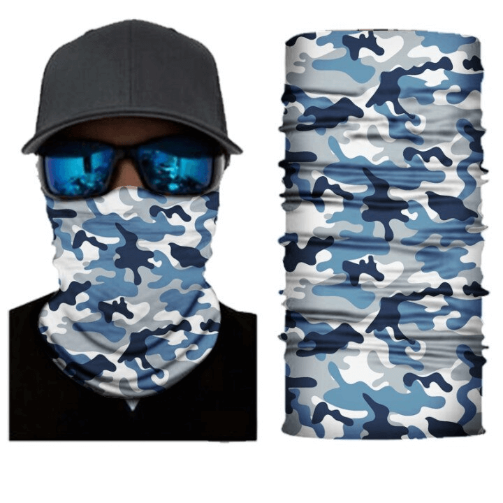 Camouflage cycling face mask and neck gaiter in blue and white, worn by a person with sunglasses and a cap, showcasing versatility.