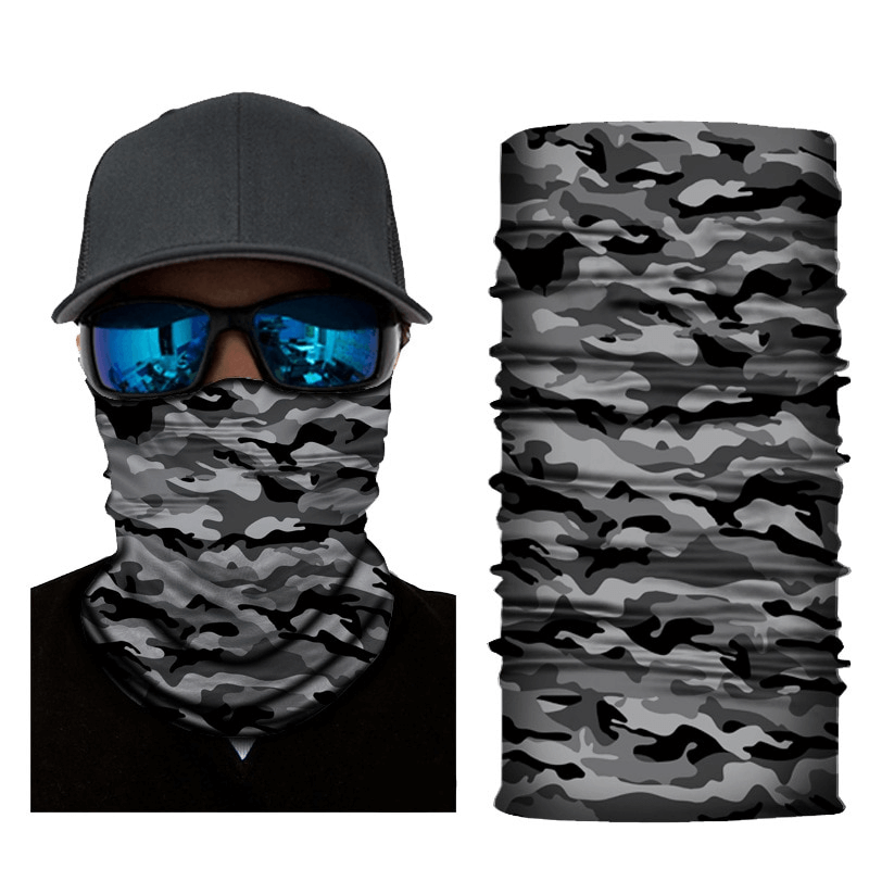 Unisex camouflage cycling face mask and neck gaiter, quick-drying, elastic, ideal for outdoor sports like cycling and running.