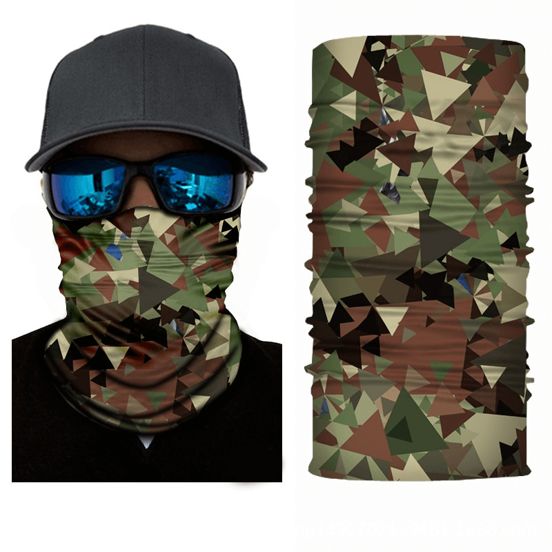 Camouflage cycling face mask & seamless neck gaiter for outdoor activities, showing quick-dry fabric with geometric design SF1389.