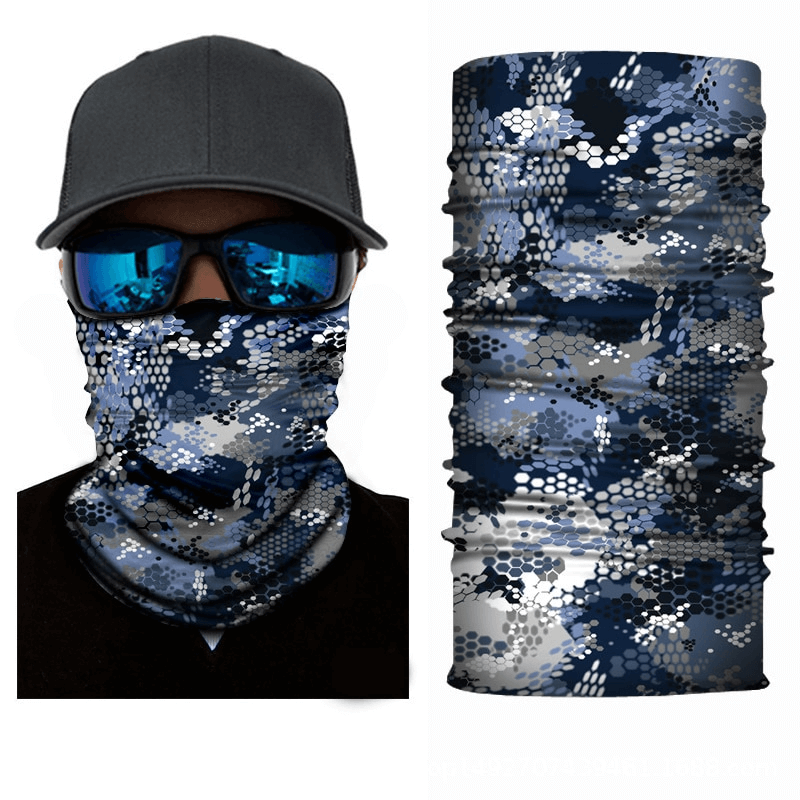 Camouflage cycling face mask, seamless and stretchy neck gaiter SF1389 for outdoor sports like biking and running in blue pattern.