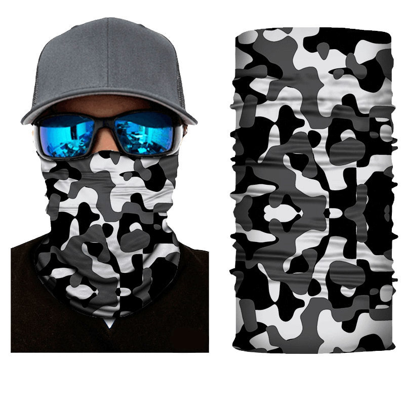 Unisex camouflage cycling face mask and gaiter for outdoor activities, featuring seamless design for comfort and breathability.