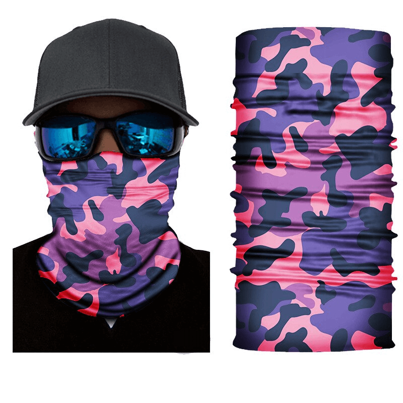 Camouflage cycling face mask and neck gaiter in shades of purple and pink, ideal for outdoor sports and fitness activities.