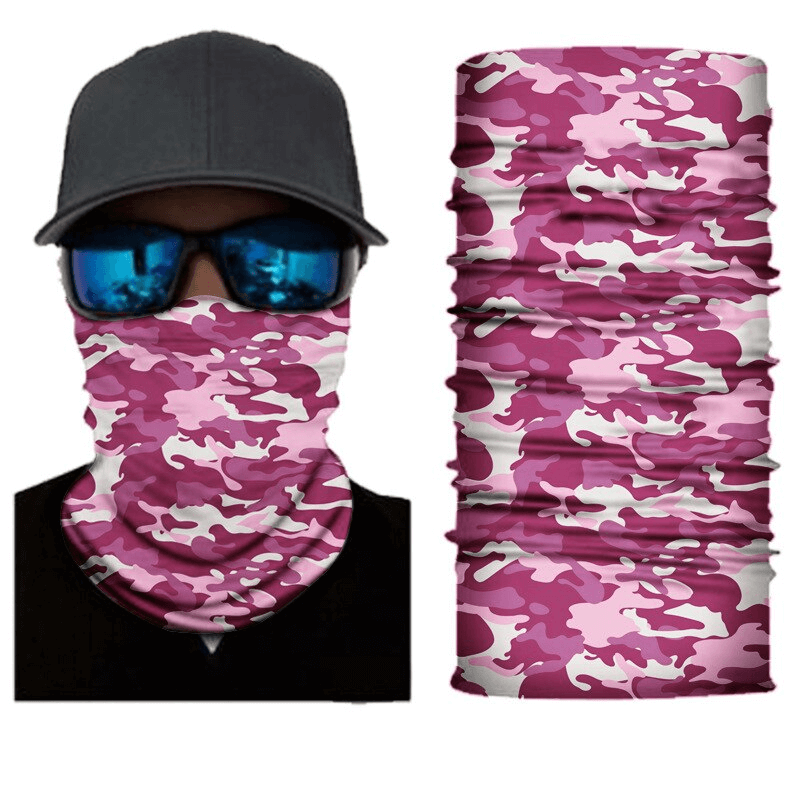 Camouflage cycling face mask in pink, shown on model and laid flat. Elastic, breathable neck gaiter, ideal for outdoor activities.