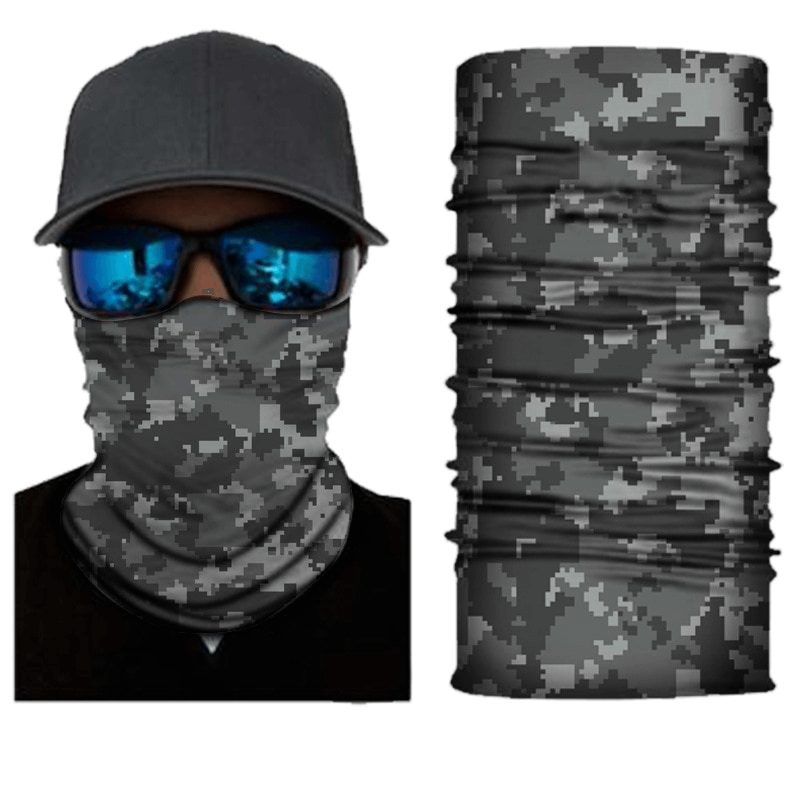 Camouflage cycling face mask and neck gaiter, seamless design for mountain climbing, running, fitness, and cycling.