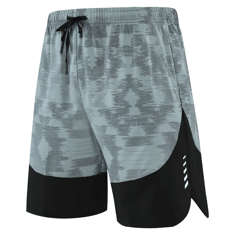 Quick-dry camouflage athletic shorts with pockets for men, featuring a breathable fabric and adjustable drawstring, perfect for running.