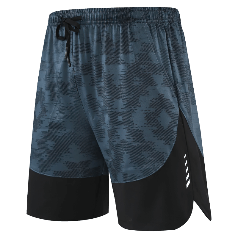 Men's quick-dry camouflage athletic shorts with pockets and drawstring, perfect for running and workouts. Reflective logo detail.