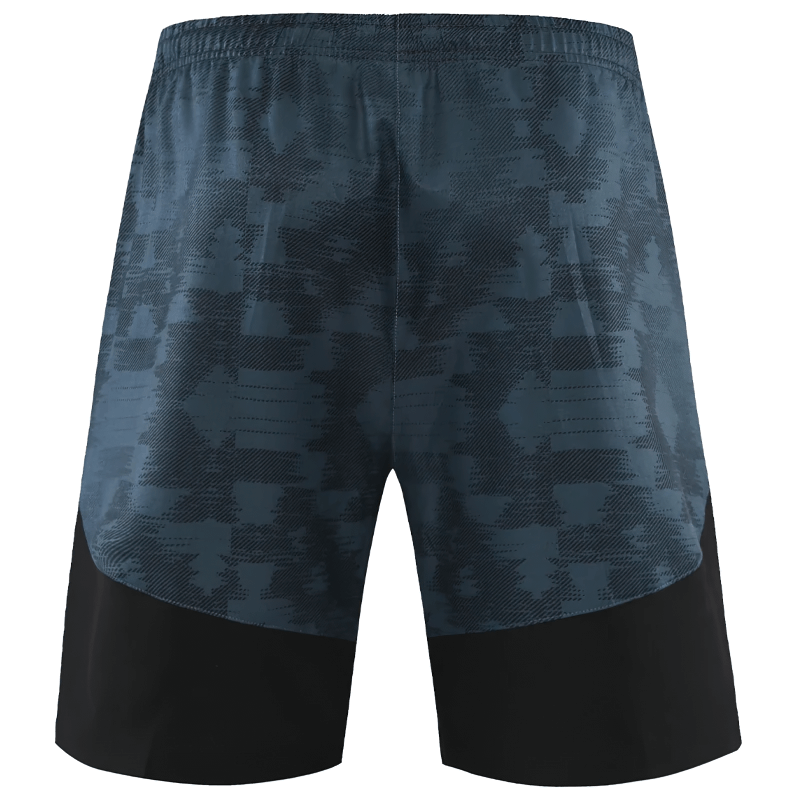 Men's quick-dry camouflage athletic shorts with pockets, elastic waistband, reflective logo, and breathable fabric for running.