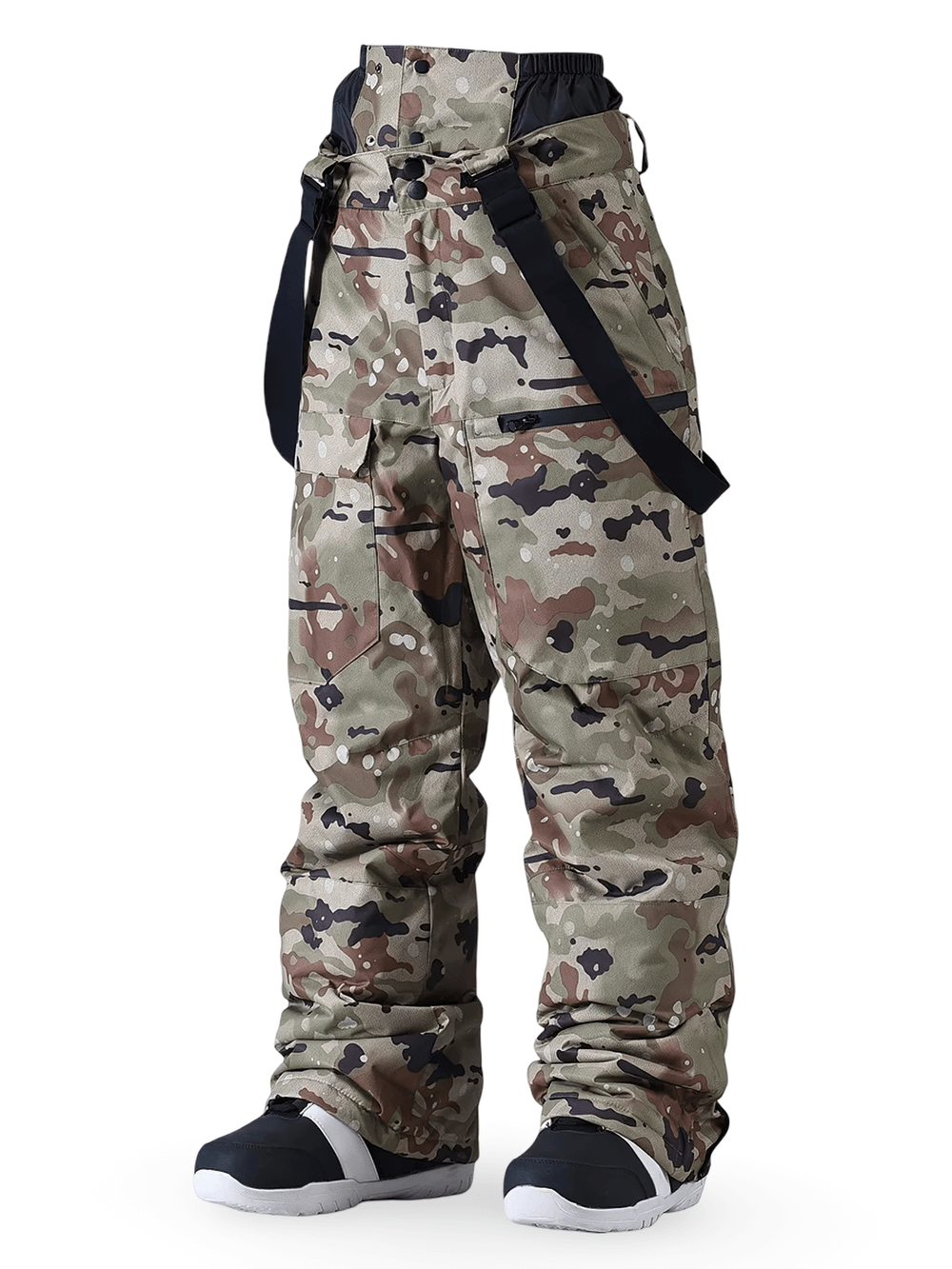 Alt Tag: Camouflage Snow Suspenders Pants for Skiing - SF4285 waterproof camo ski pants with suspenders, adjustable waist, and zip pockets