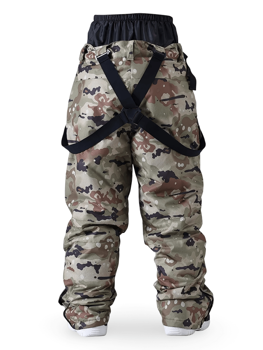 Alt Tag: Camouflage Snow Suspenders Pants for Skiing - SF4285 camo ski pants with adjustable suspenders and pockets, back view