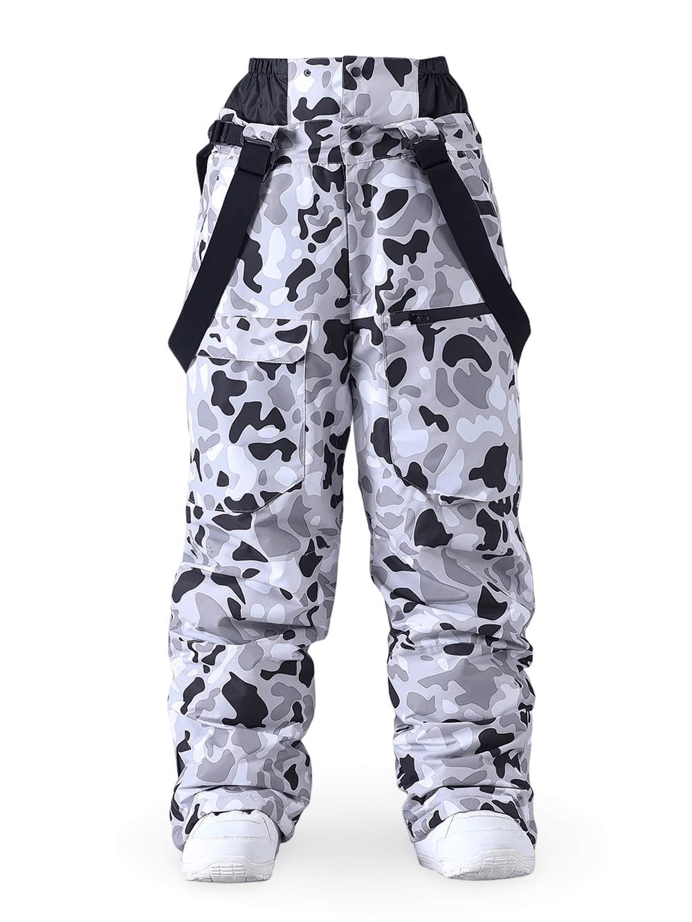 Alt Tag: Camouflage Snow Suspenders Pants for Skiing - SF4285 grey camo insulated ski pants with suspenders, adjustable waist and pockets