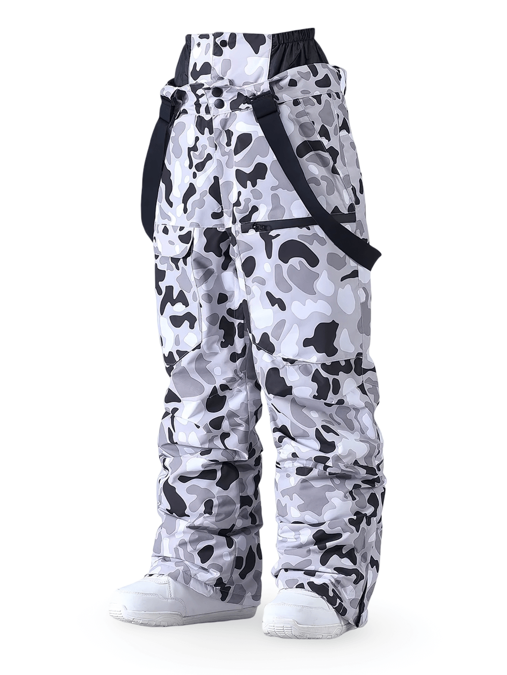 Alt Tag: Camouflage Snow Suspenders Pants for Skiing - SF4285 grey camo insulated ski pants with suspenders, adjustable waist and pockets
