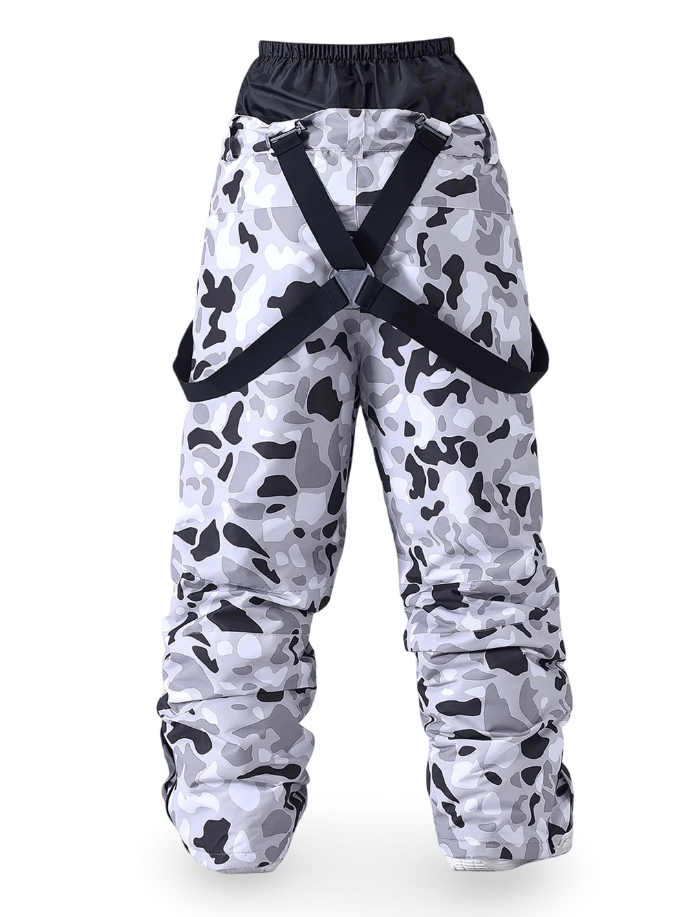 Alt Tag: Camouflage Snow Suspenders Pants for Skiing - SF4285 grey camo insulated ski pants with suspenders, adjustable waist, and pockets