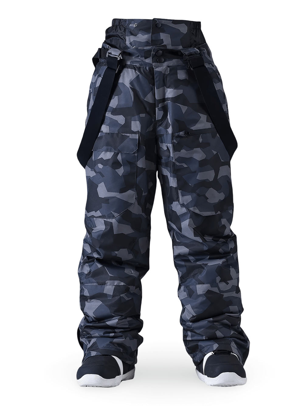 Alt Tag: Camouflage Snow Suspenders Pants for Skiing - SF4285 gray camo insulated ski pants with suspenders and pockets