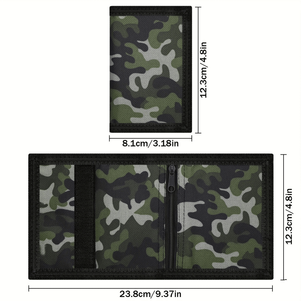 Camouflage trifold wallet with secure zip and chain, dimensions 12.3cm x 8.1cm closed, 23.8cm open, perfect for style and security.