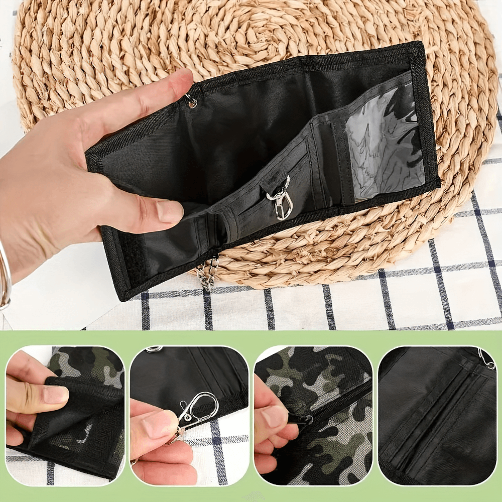 Camouflage trifold wallet with chain, zip pocket, and hook and loop fastening, shown open with interior details.