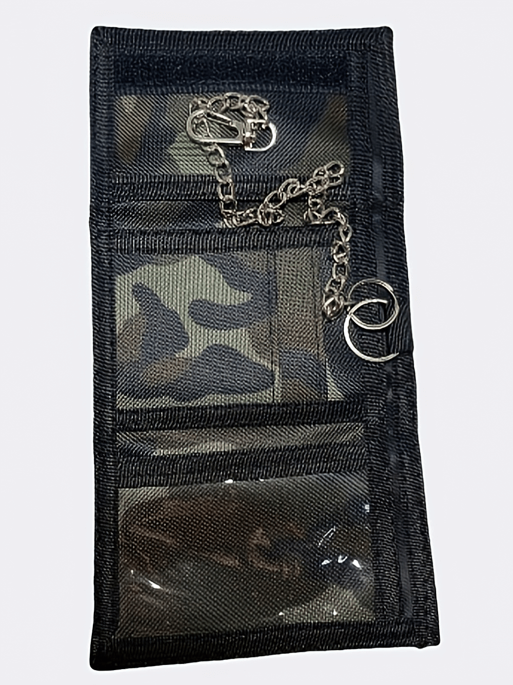 Camouflage trifold wallet with chain and zip closure, featuring durable nylon and hook and loop fastening. Model SF2684.