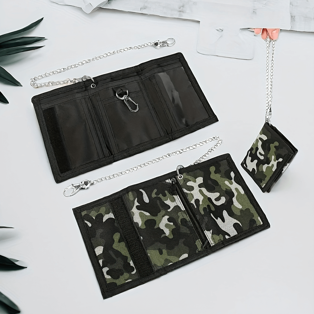 Camo trifold wallet with chain, zip closure, and hook-and-loop fastening, featuring durable nylon and stylish design.