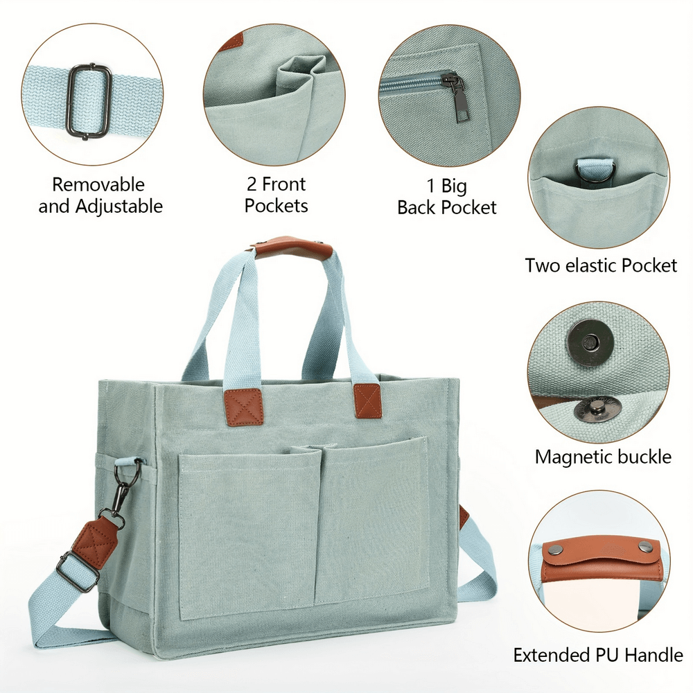 Alt Tag: Canvas tote bag with adjustable strap, multiple pockets, secure buckle, and durable design for practical everyday use.