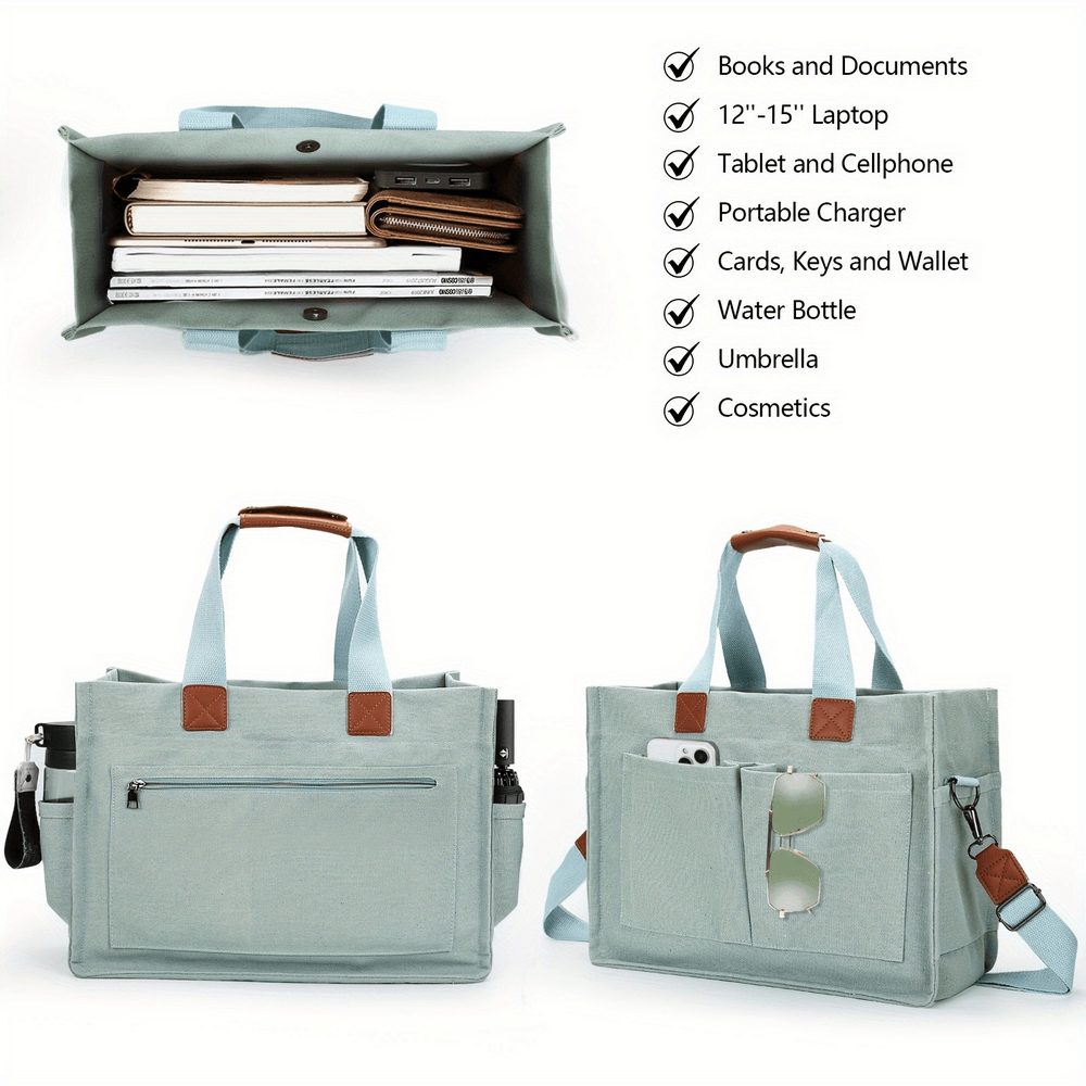 Spacious women's canvas tote bag with adjustable strap, ideal for carrying laptop, gadgets, water bottle. Lightweight and durable.