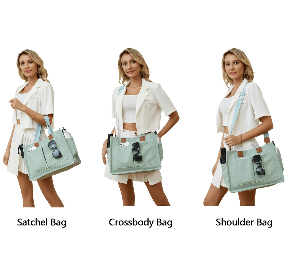 Woman showcasing tote bag worn as satchel, crossbody, and shoulder bag; versatile design with adjustable strap in mint green.