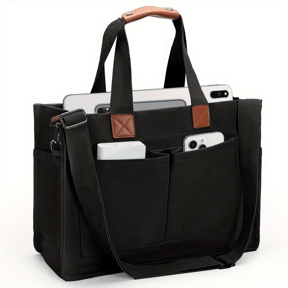 Black canvas tote bag with adjustable strap, large capacity for daily use, holds gadgets and essentials, SF2668 model.