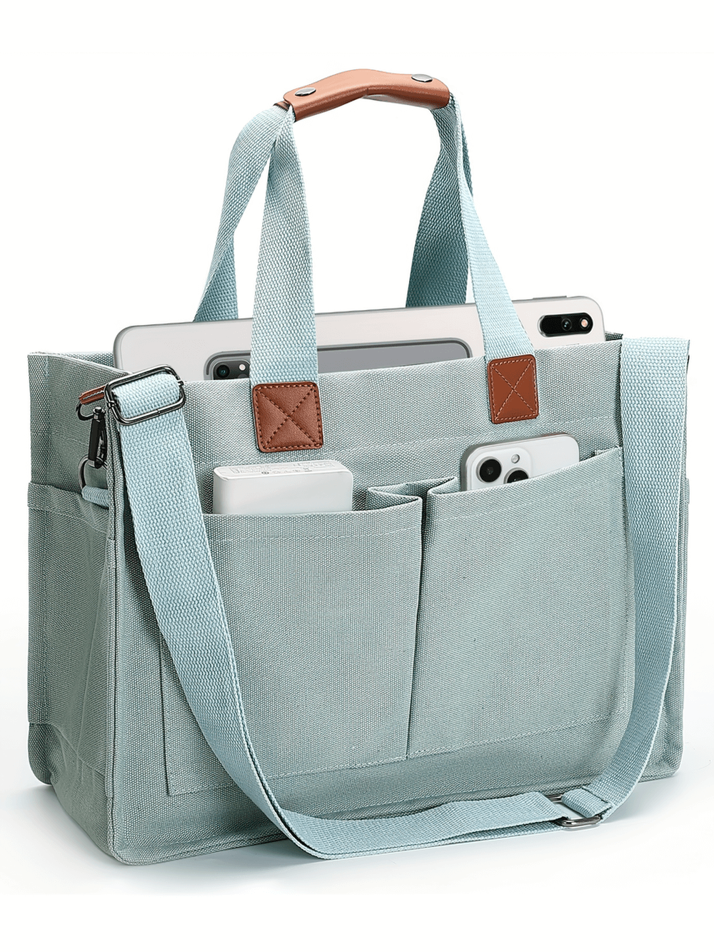 Spacious light blue canvas tote bag with adjustable strap, ideal for daily use, featuring pockets and secure buckle closure.