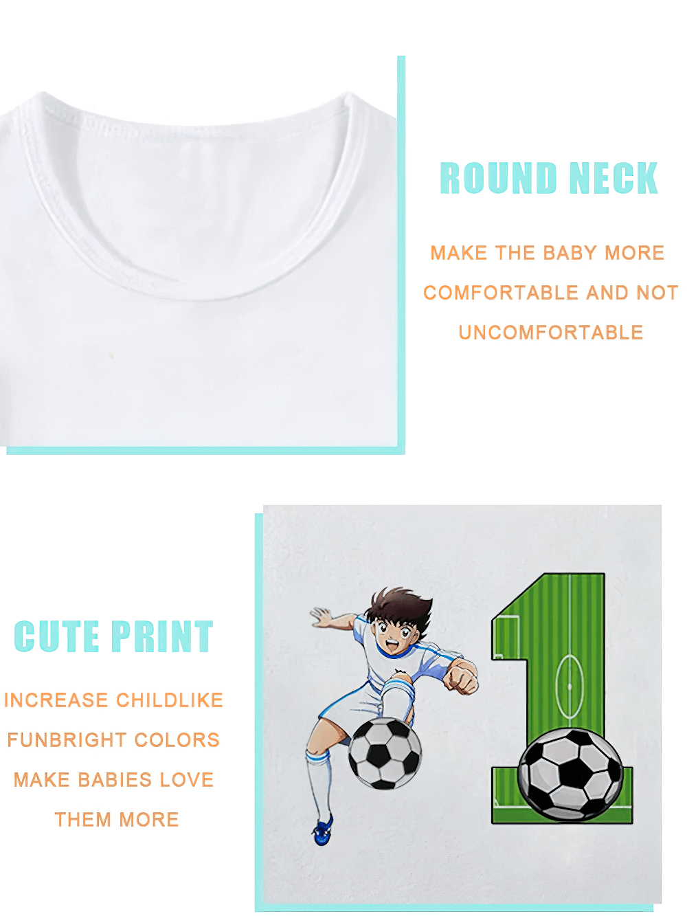 White toddler T-shirt with cartoon soccer print and breathable round neck, featuring a number and footballer design, perfect for birthdays