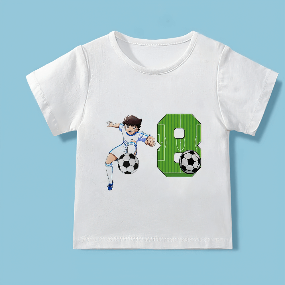 Cartoon soccer print white t-shirt for toddlers with number 8, featuring a cute footballer, perfect for a birthday party.