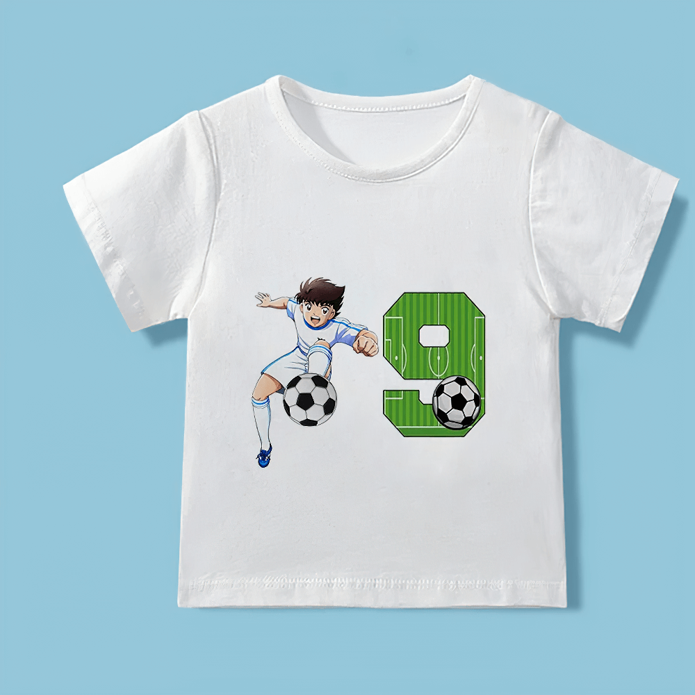 Cartoon Soccer Print White T-Shirt for Toddlers with Football and Number 9 - Perfect Birthday Gift, Soft & Breathable Fabric, SF3128