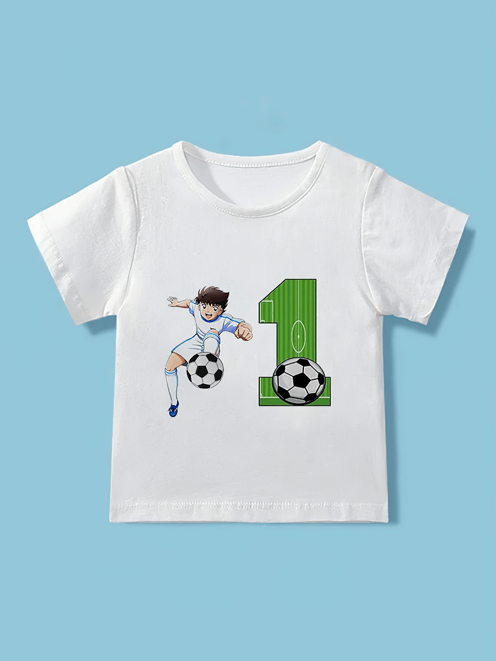 Cartoon Soccer Print White T-Shirt for Toddlers with Footballer and Number 1 Design, Perfect for Birthdays and Parties - SF3128