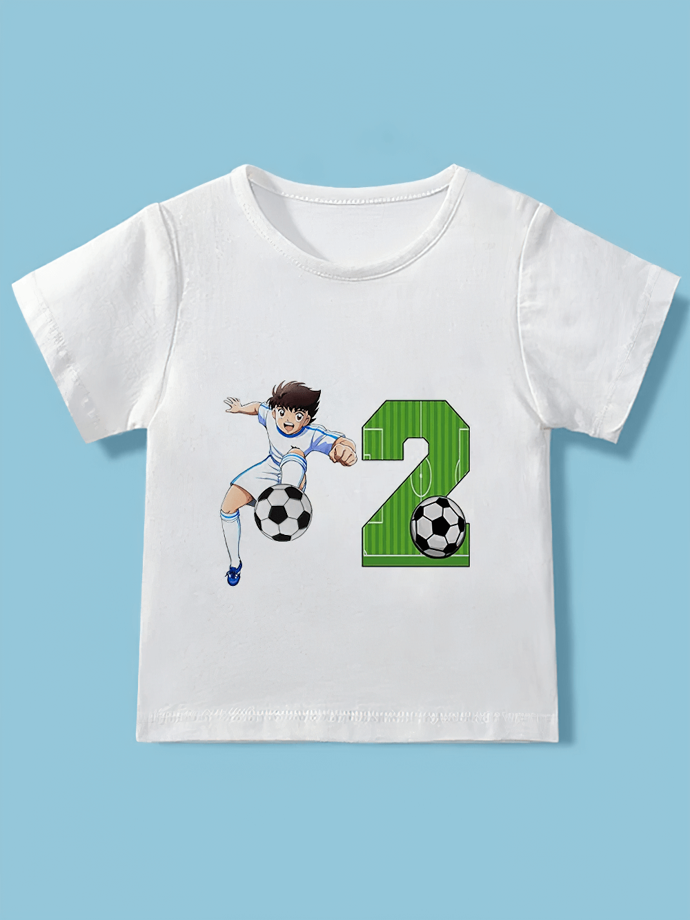 White toddler T-shirt with cartoon soccer player and number 2 print, perfect for birthdays or photoshoots.