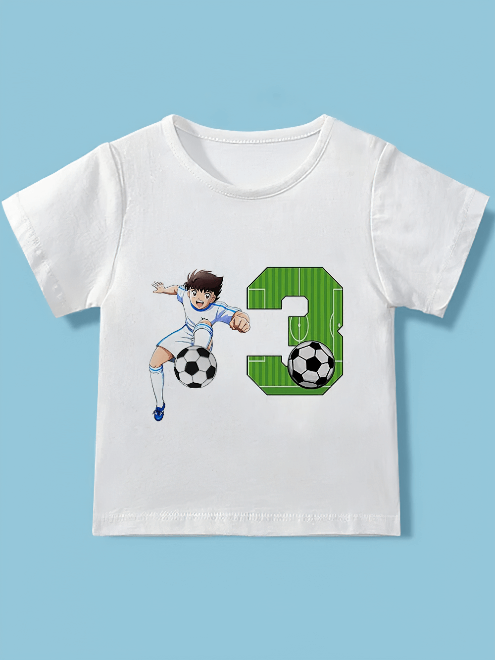Cartoon soccer print white toddler T-shirt with number 3, featuring a cute footballer design. Ideal for birthday parties and daily wear.