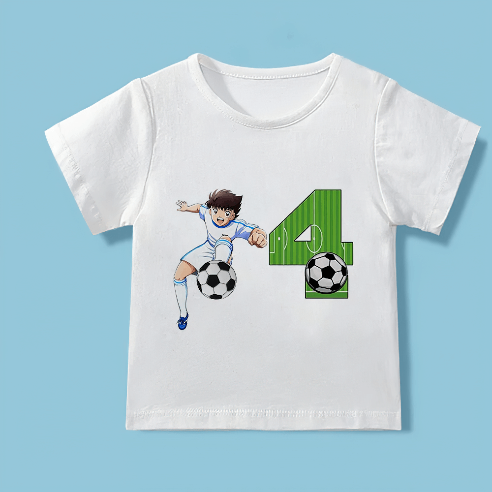 Cartoon Soccer Print White T-Shirt for Toddlers featuring footballer and number 4 design, perfect birthday gift.