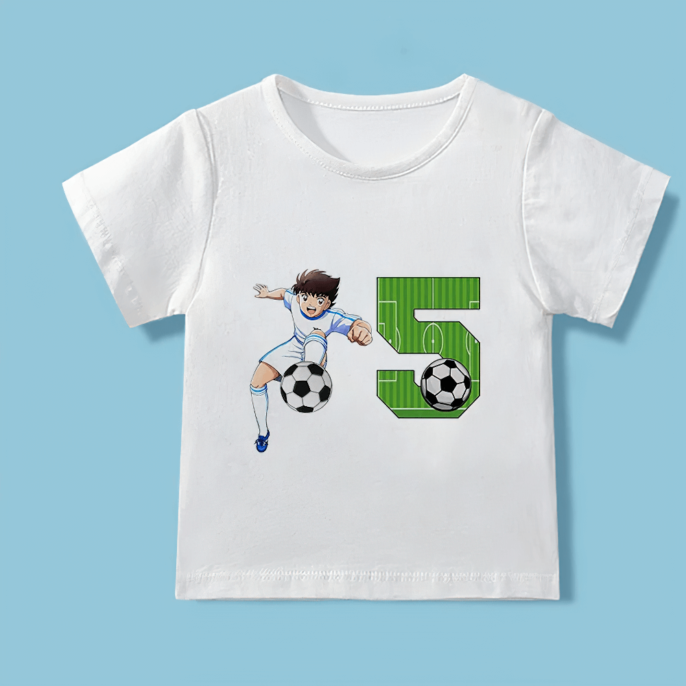 Cartoon Soccer Print White T-Shirt for Toddlers with Number 5, Perfect for Kid's Birthday, Soft and Playful Football Tee - SF3128