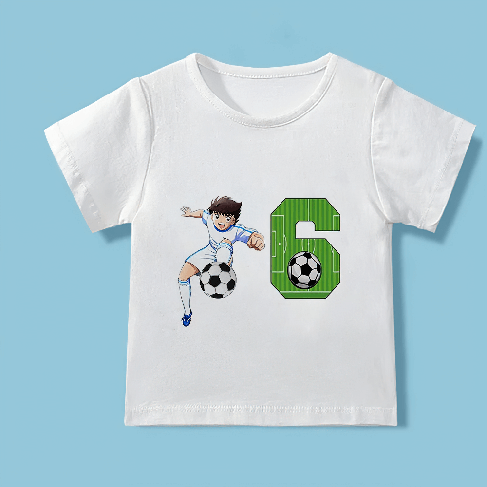 Cartoon soccer print white T-shirt for toddlers featuring a footballer and number 6, ideal for birthday celebrations and daily wear.