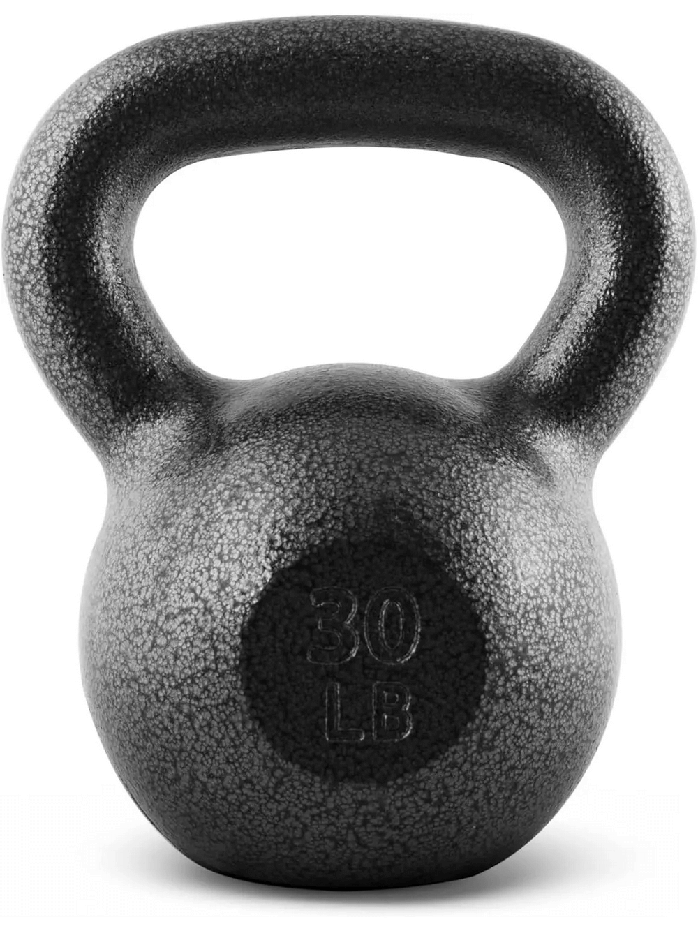30 lb cast iron kettlebell with a sturdy handle and enamel finish for strength training and conditioning workouts.
