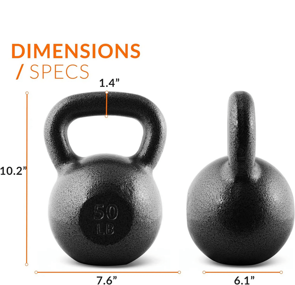 Dimensions of cast iron kettlebell: 50 LB, 10.2" height, 7.6" width, 6.1" depth, 1.4" handle diameter; perfect for strength training.