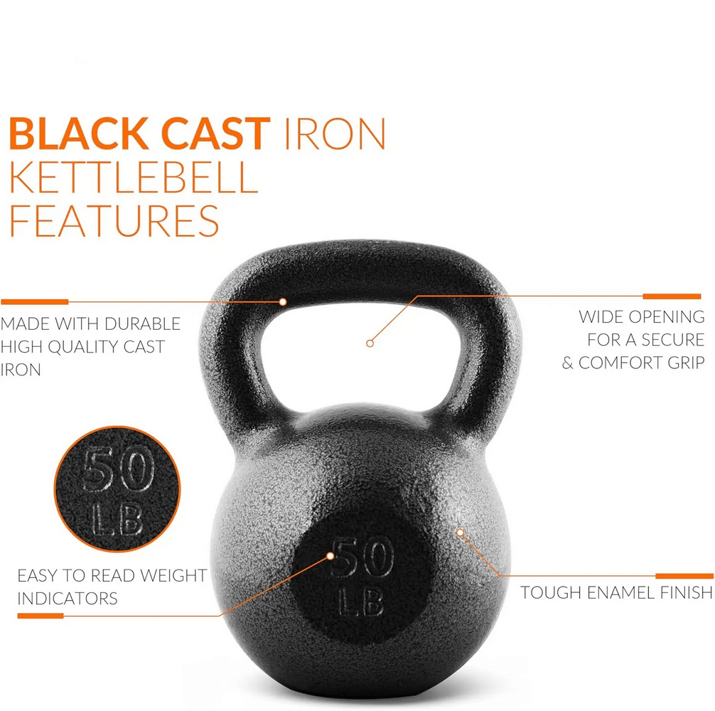 50 lb black cast iron kettlebell, durable enamel finish, secure wide handle, ideal for strength and conditioning workouts.