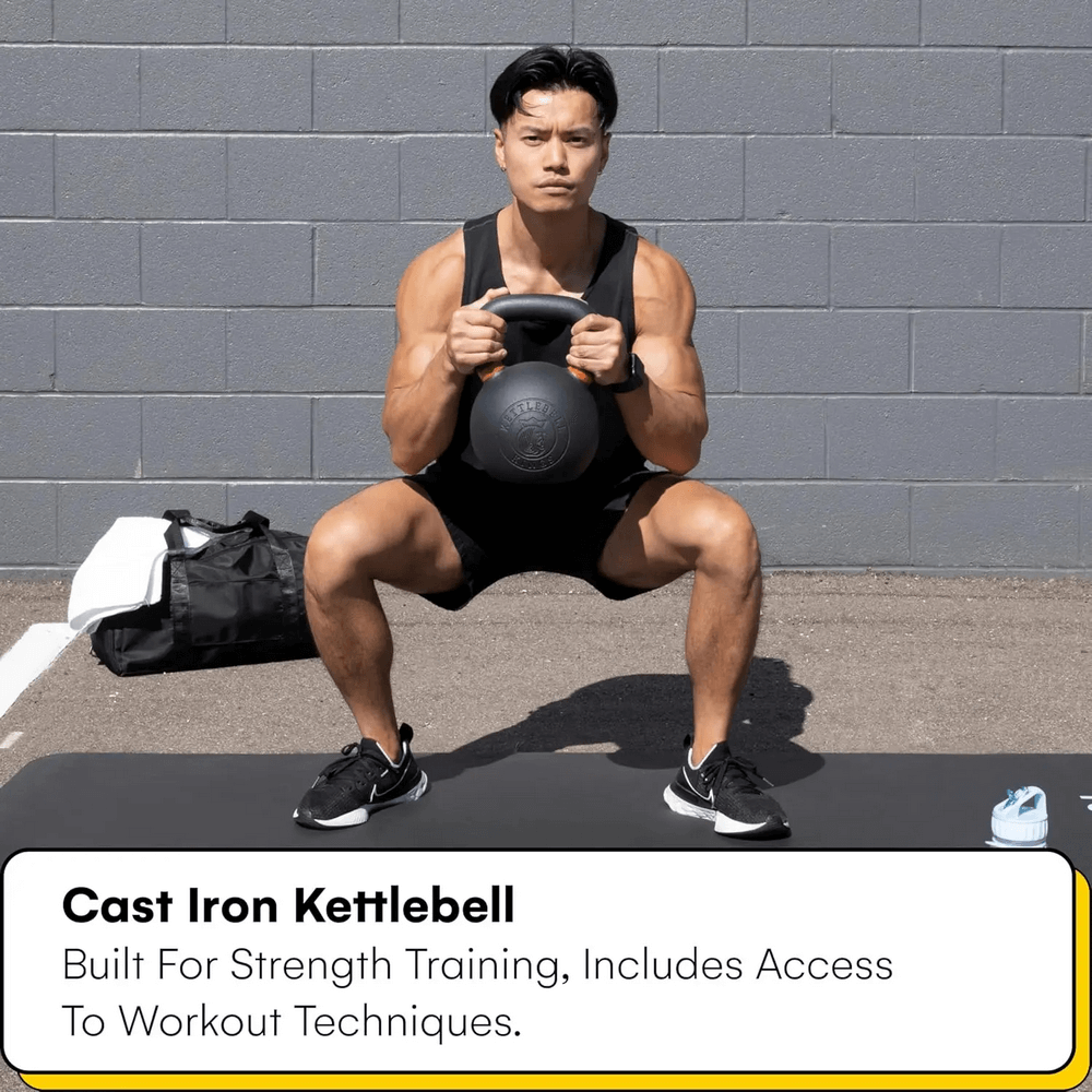 Man doing squat exercise with 55lb cast iron kettlebell; perfect for strength and endurance training; versatile workout gear.