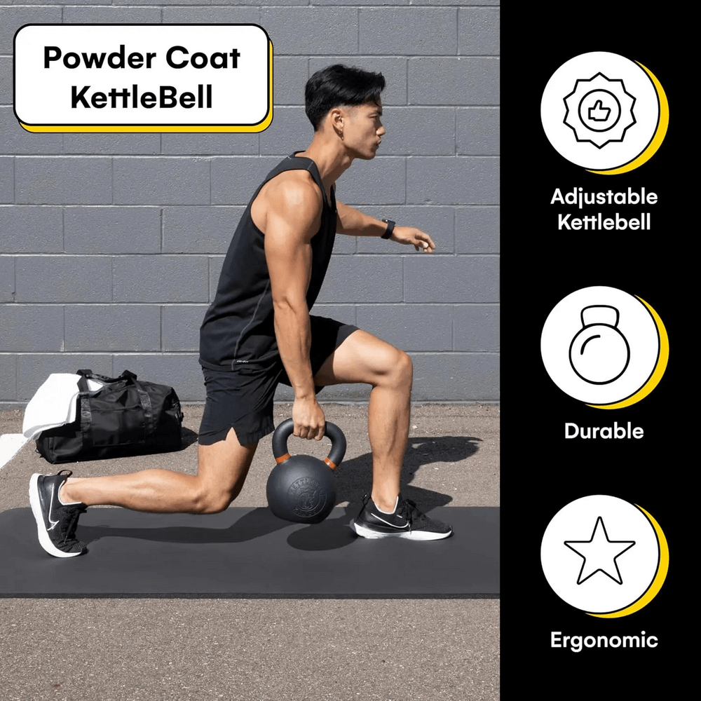 Man performing lunge exercise with adjustable powder coat kettlebell, showcasing durability and ergonomic design.