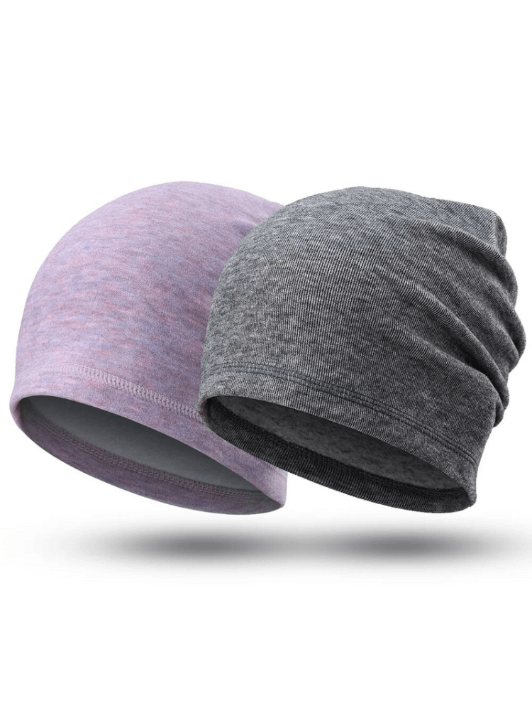 Casual Elastic Thermal Beanies for Men and Women SF1693 in gray and pink, lightweight and breathable, perfect for warmth and comfort.