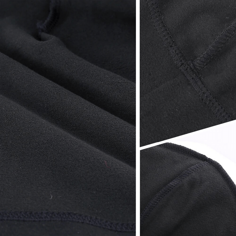 Close-up of black thermal beanie fabric showcasing stitching and texture for warmth and comfort.